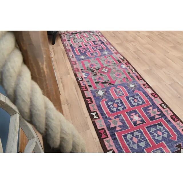 1970s Vintage Turkish Oushak Handmade Wool Cotton Pink Runner Rug 99x331