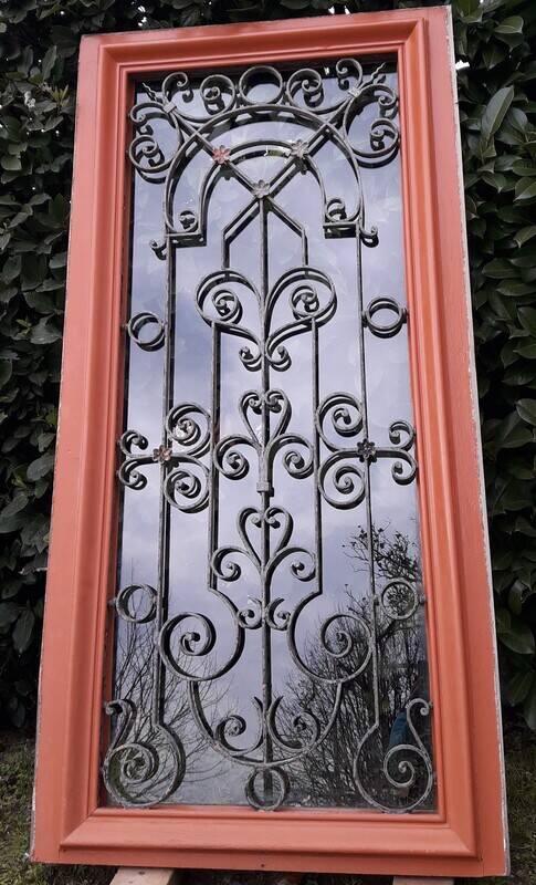 Window frame 179x88cm walnut oak wrought iron grille opening glass panel