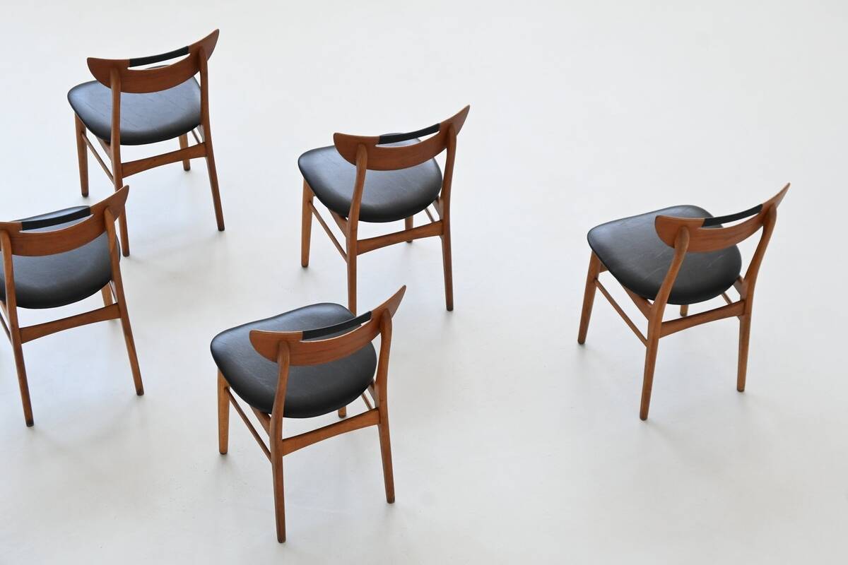 Set of six Danish dining chairs in teak and faux leather Denmark 1960