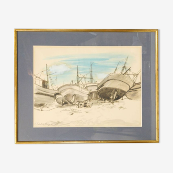 Roger Chapelain Midy (1904-1992) Aquarelle signée et titrée en bas à gauche « péniche ». 48 x64 cm