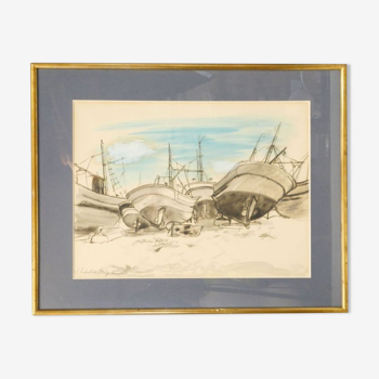 Roger Chapelain Midy (1904-1992) Watercolor signed and titled lower left "barge". 48 x64 cm