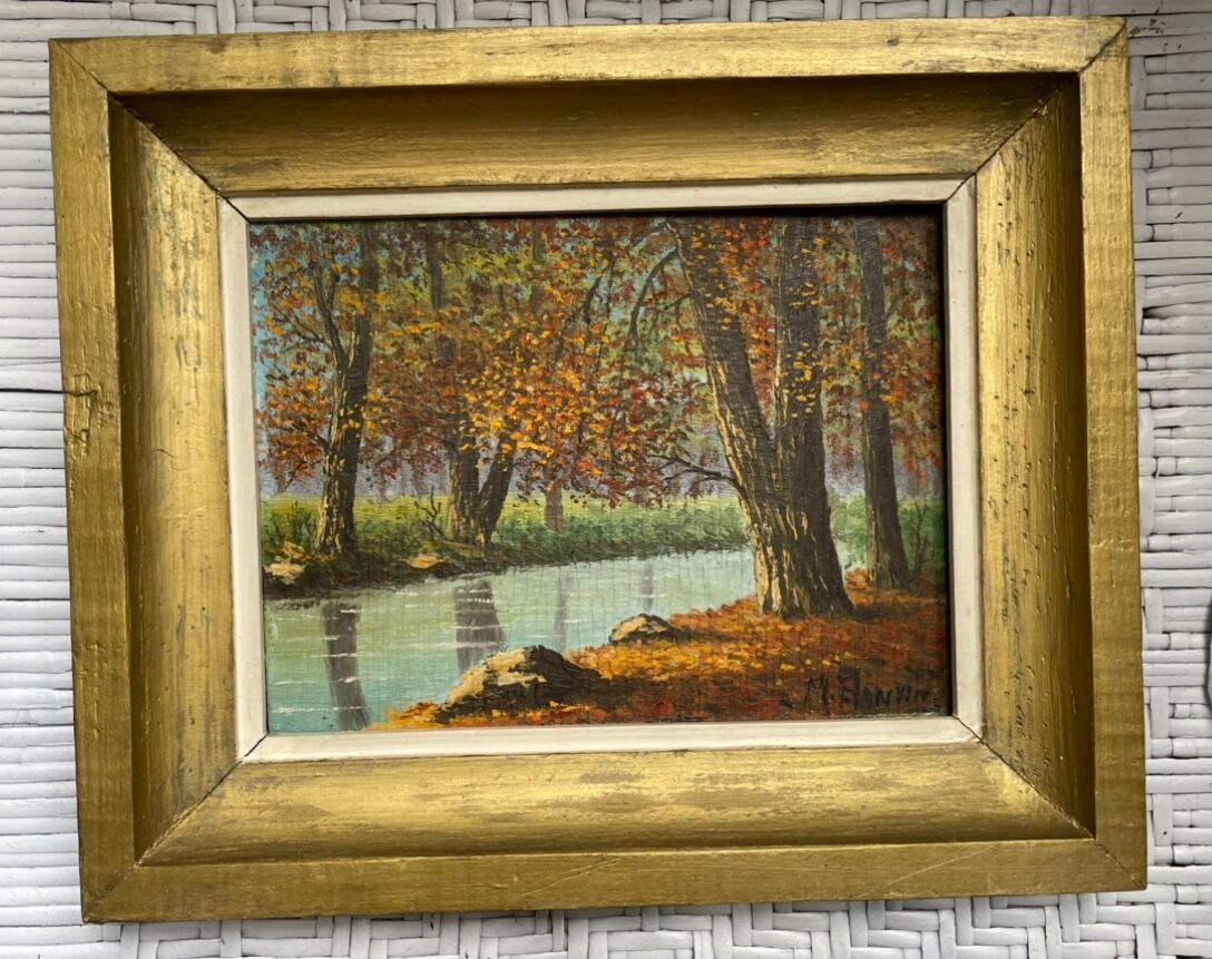 Old painting, river landscape signed M.Bonvin