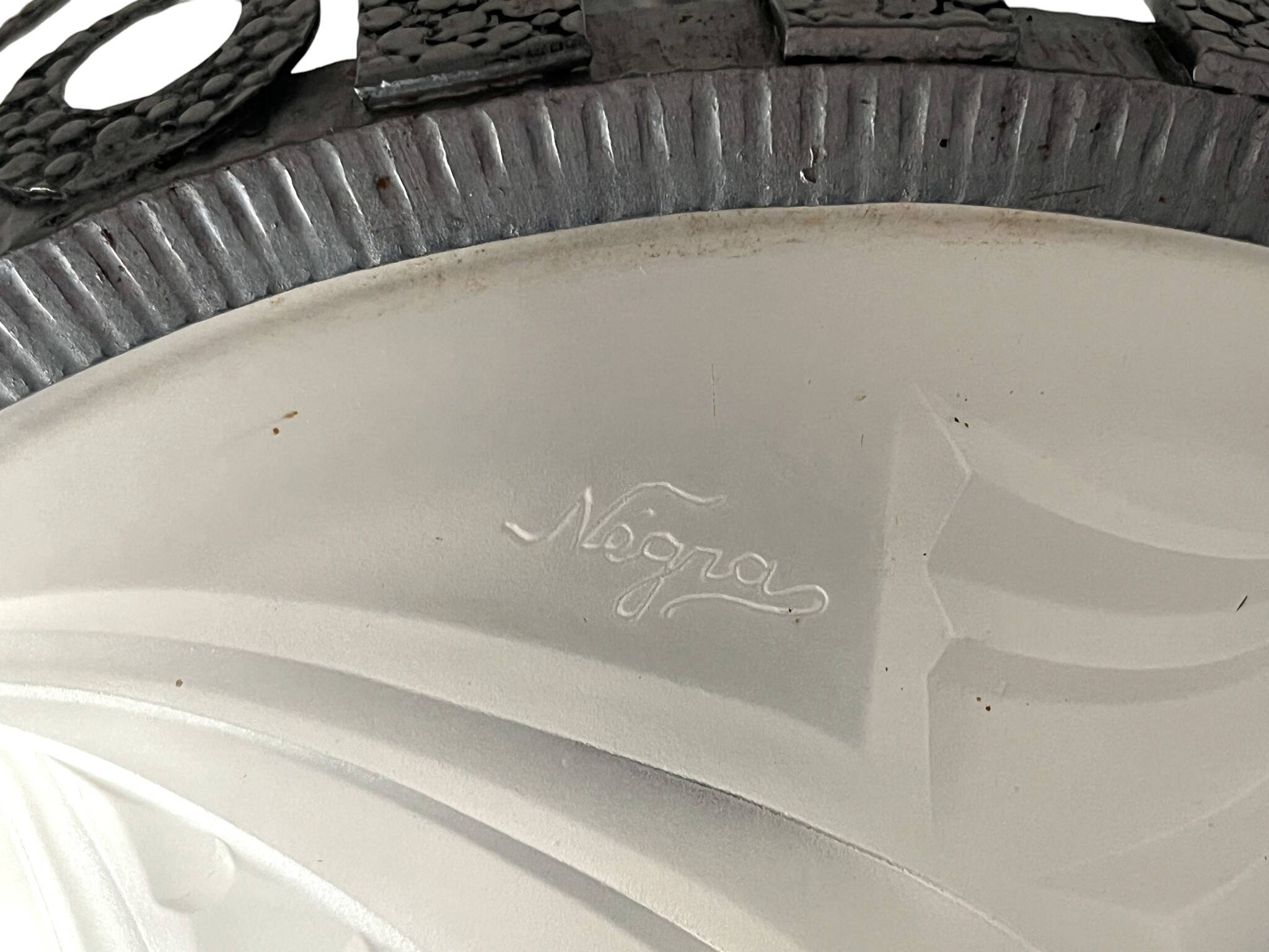 Art Deco, 4-light chandelier, wrought iron, pressed glass, Dugué Negra, circa 1930.