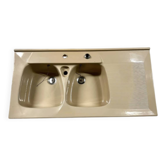 Cream beige double basin sink with drainer