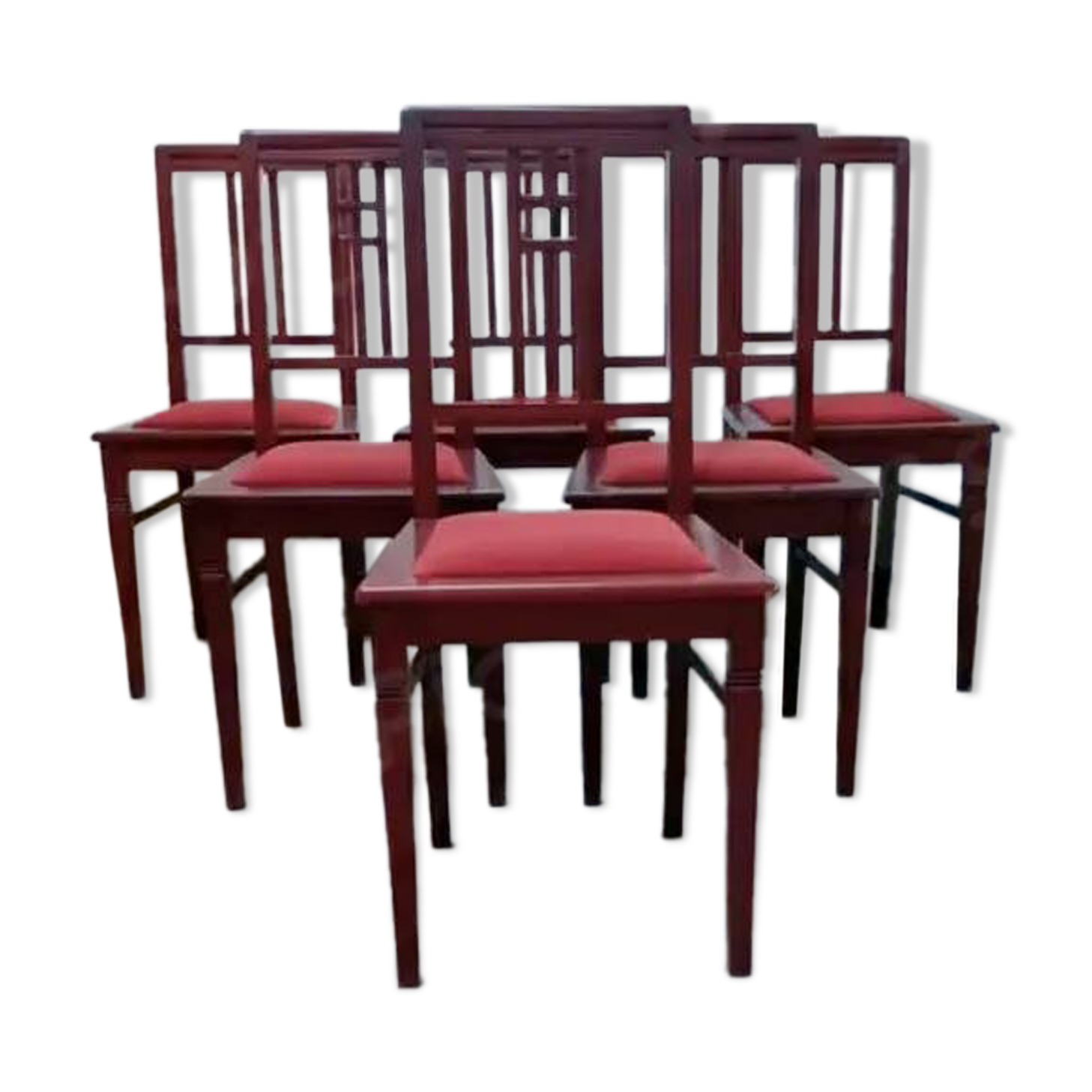 6 Art Deco dining chairs in solid wood and burgundy leather.