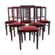 6 Art Deco dining chairs in solid wood and burgundy leather.