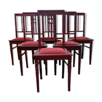 6 Art Deco dining chairs in solid wood and burgundy leather.