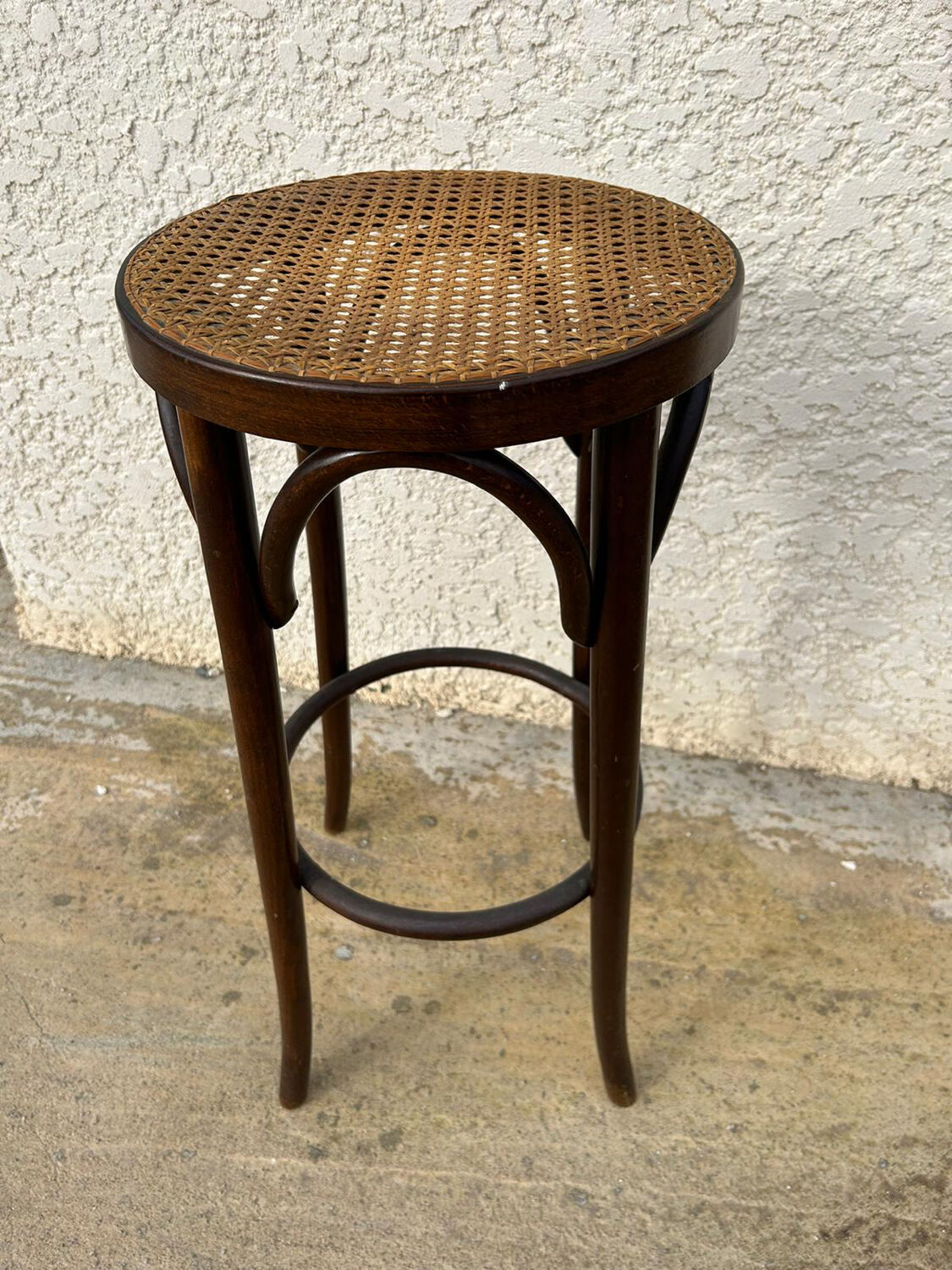 Tabouret de bar vintage en bois & cannage