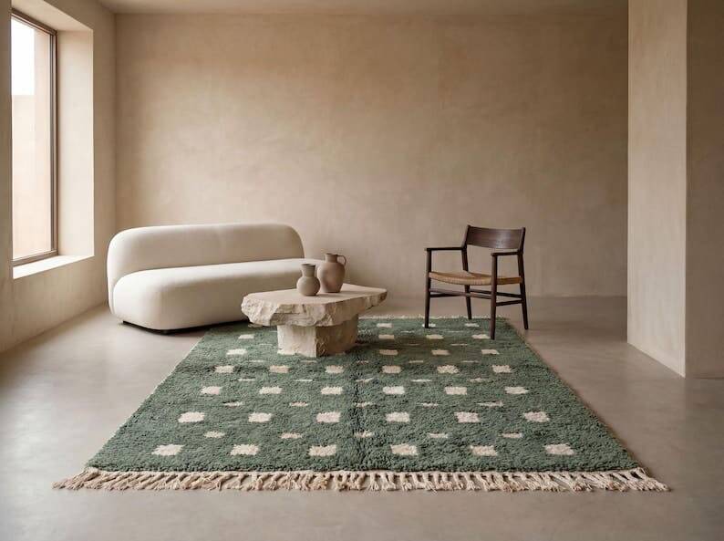 Handmade green and white Atlas Moroccan rug, size 1.4/2.6 m.