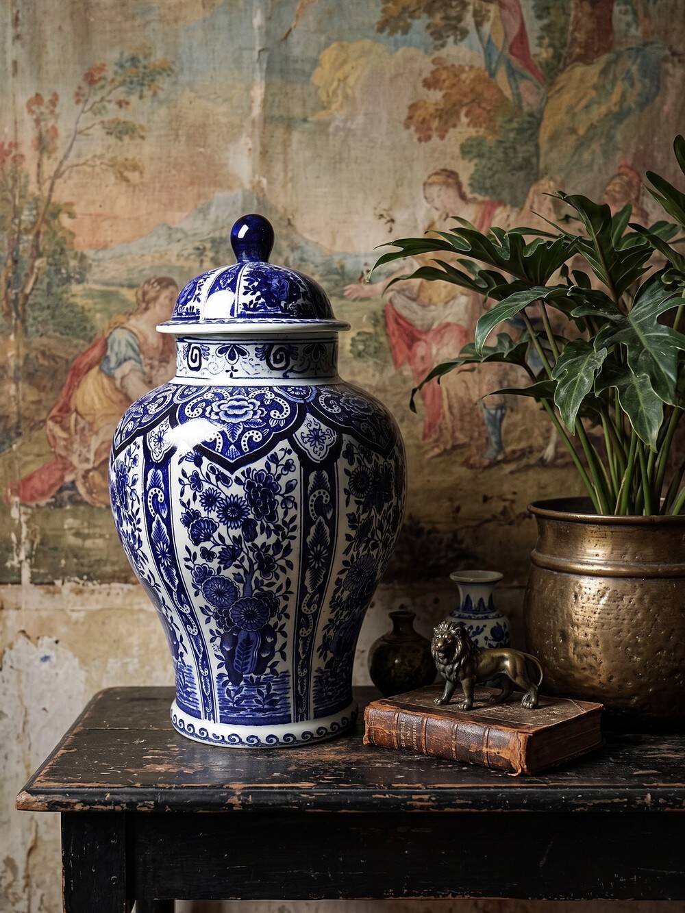 Large covered vase Boch Holland Royal Sphinx in Delft blue earthenware.