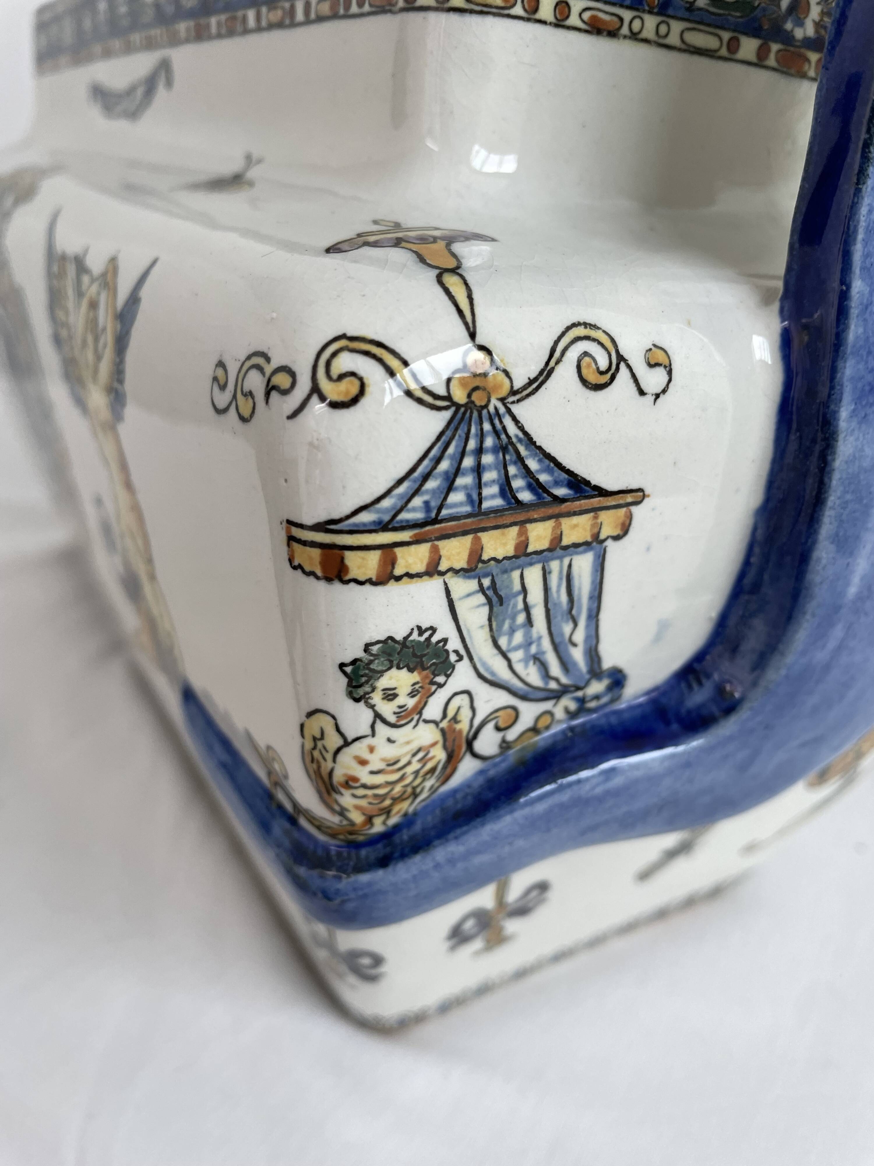 Planter, cache pot, Gien earthenware, rich decoration, Italian Renaissance, winged angel, antique decoration