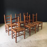 Low rustic ladder back dining chairs in oak and rush, Belgium, 1950s, set of 6.