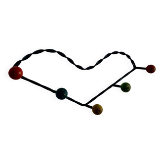 Vintage 1960 coat rack heart 5 ball hooks wood - 60 cm