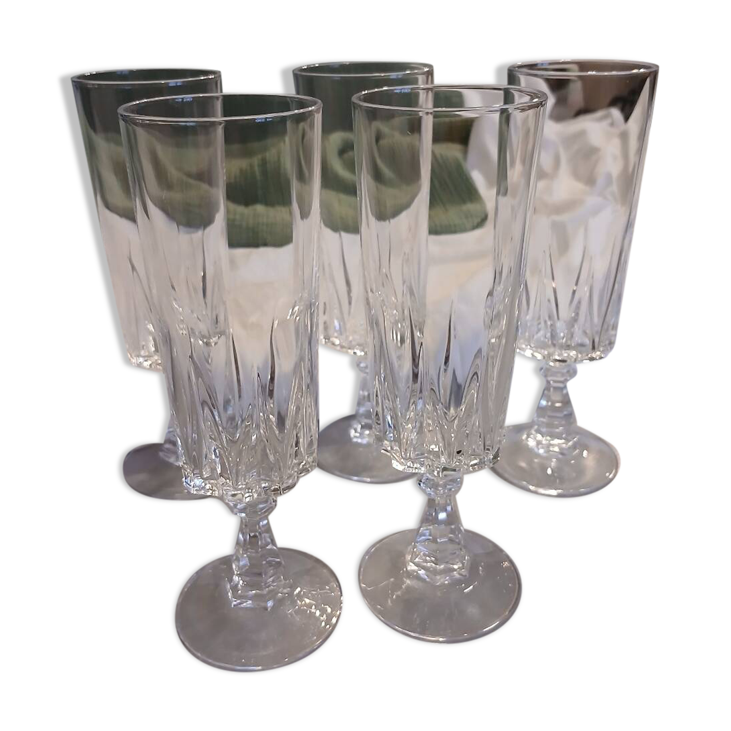 5 antique crystal flutes