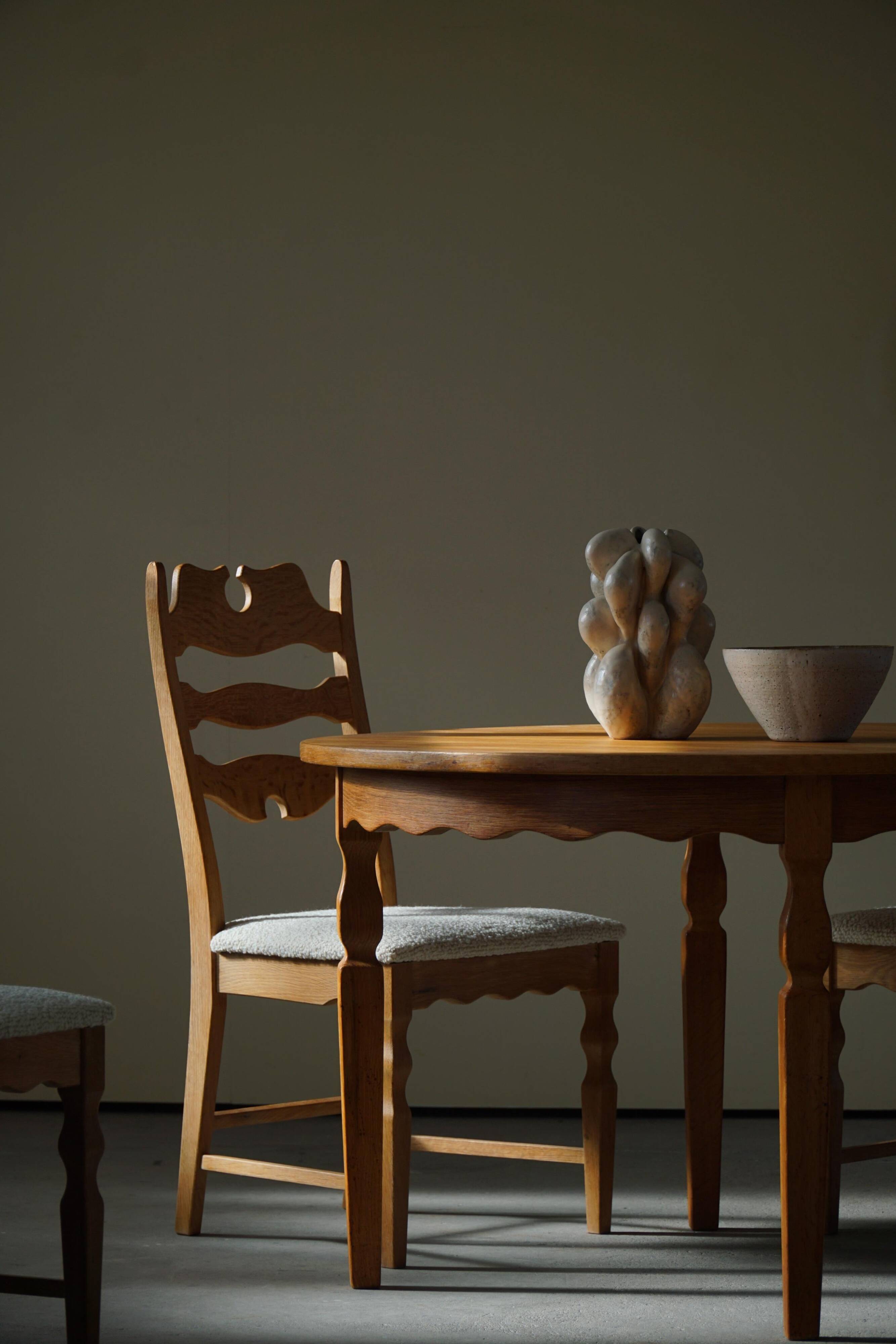 Set of 4 "Razorblade" high back chairs in oak & boucle, Henning Kjærnulf, 1960s