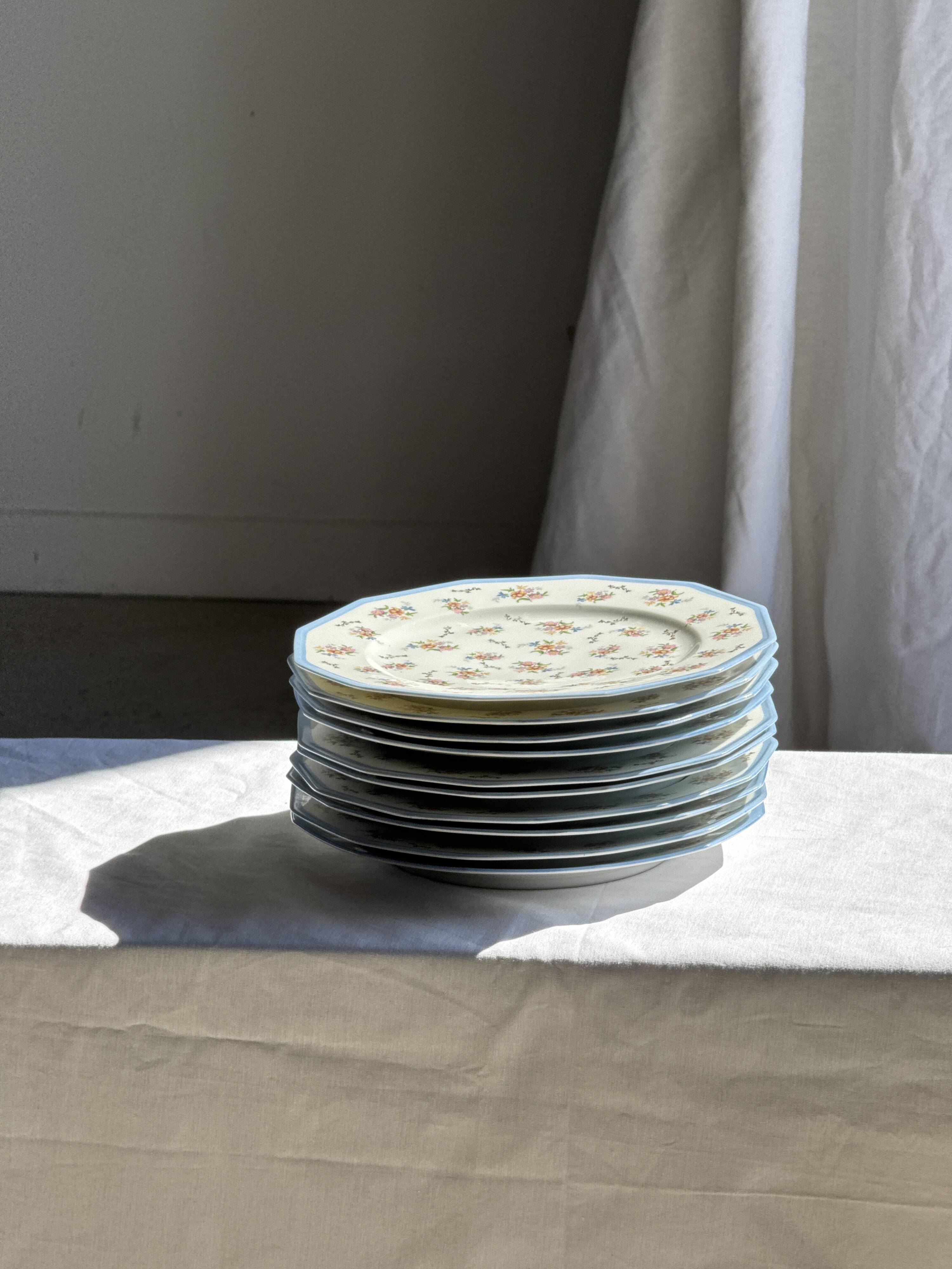 Set of 10 flat plates in Limoges porcelain from France with flowers.