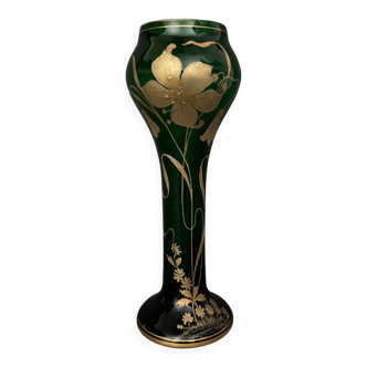 Vase 1900 Art Nouveau fond vert émail doré naturaliste