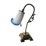 Art deco bronze lamp and its white and blue glass paste tulip 40x30