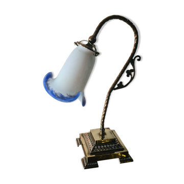 Art deco bronze lamp and its white and blue glass paste tulip 40x30