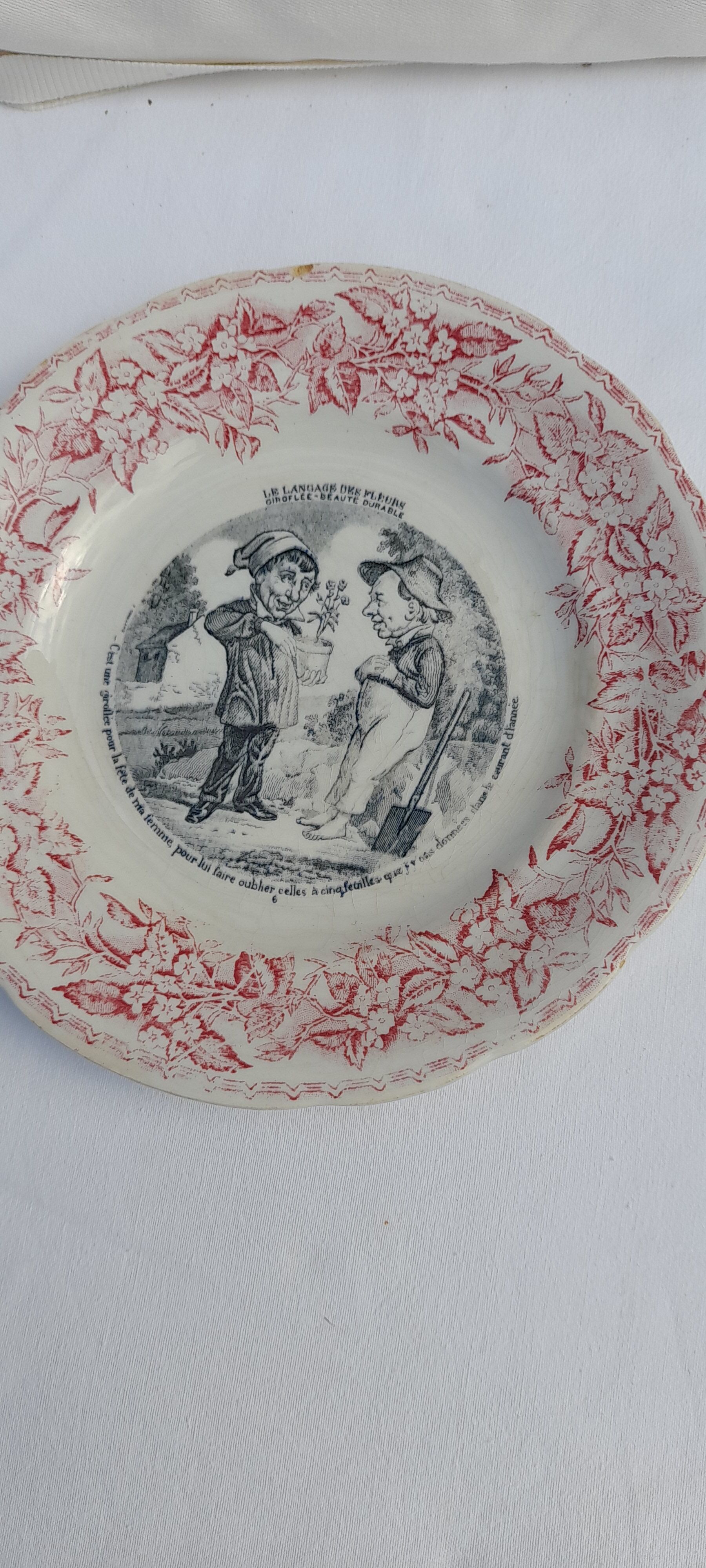 3 talking dessert plates earthenware from Gien the language of flowers n°', 5 and 6 diam 20 cm