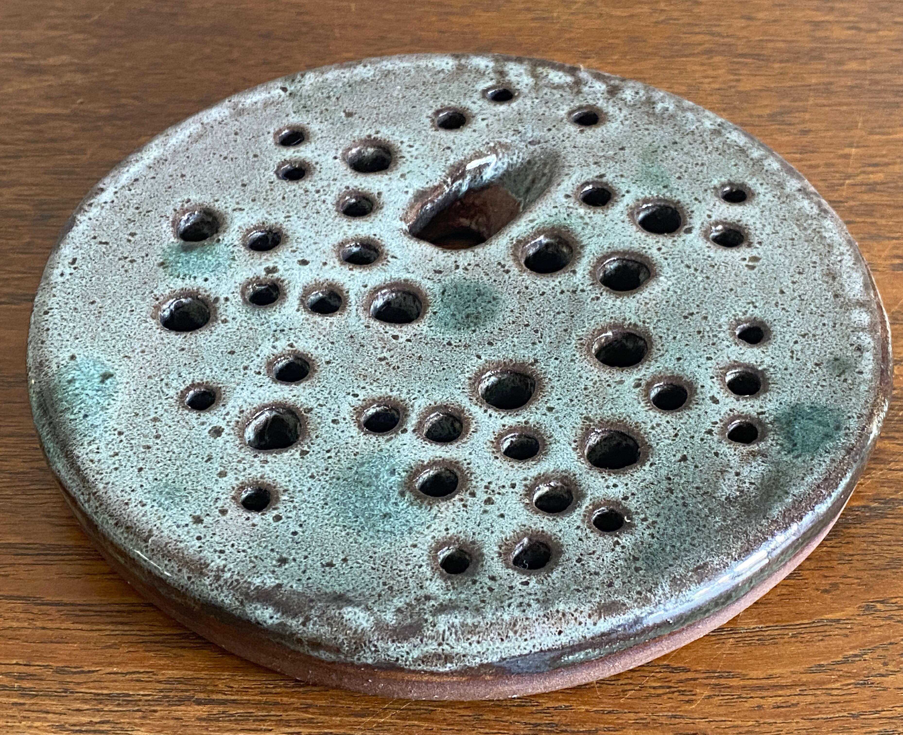 Vintage celadon blue glazed stoneware flower vase signed Pierlot at Ratilly