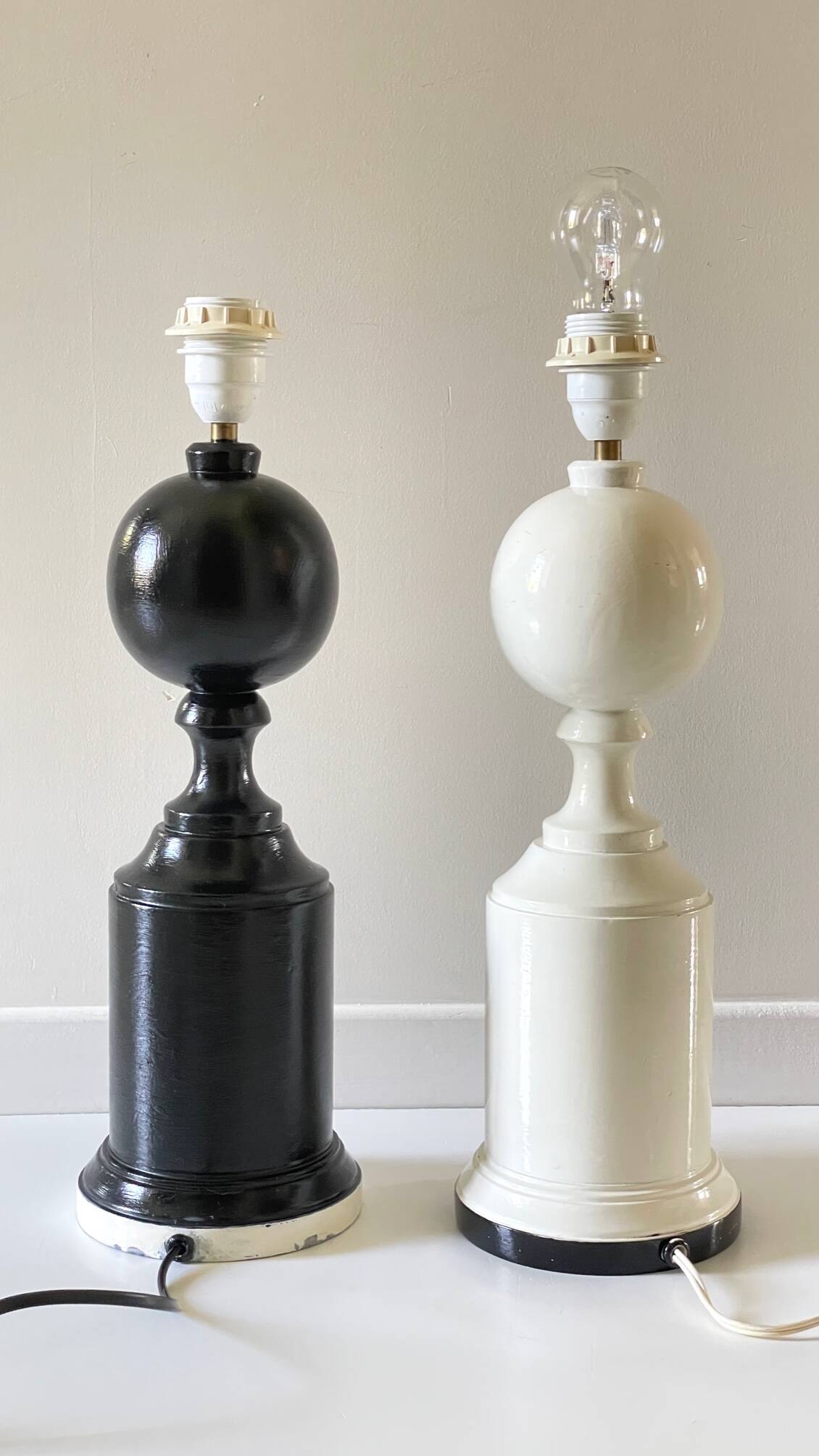 2 Vintage Black and White Turned Wood Lamp Bases