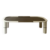 Rectangular coffee table with rounded edges, lacquered metal, brass & smoked mirror, 70s design.