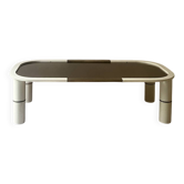Rectangular coffee table with rounded edges, lacquered metal, brass & smoked mirror, 70s design.