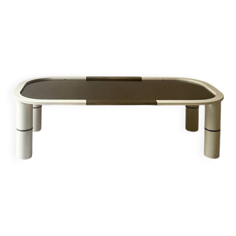 Table basse rectangule arrondi métal laqué, laiton & miroir fumé, design 70