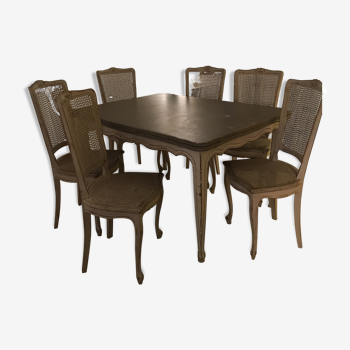 Table et 6 chaises gustavien en bois cérusé