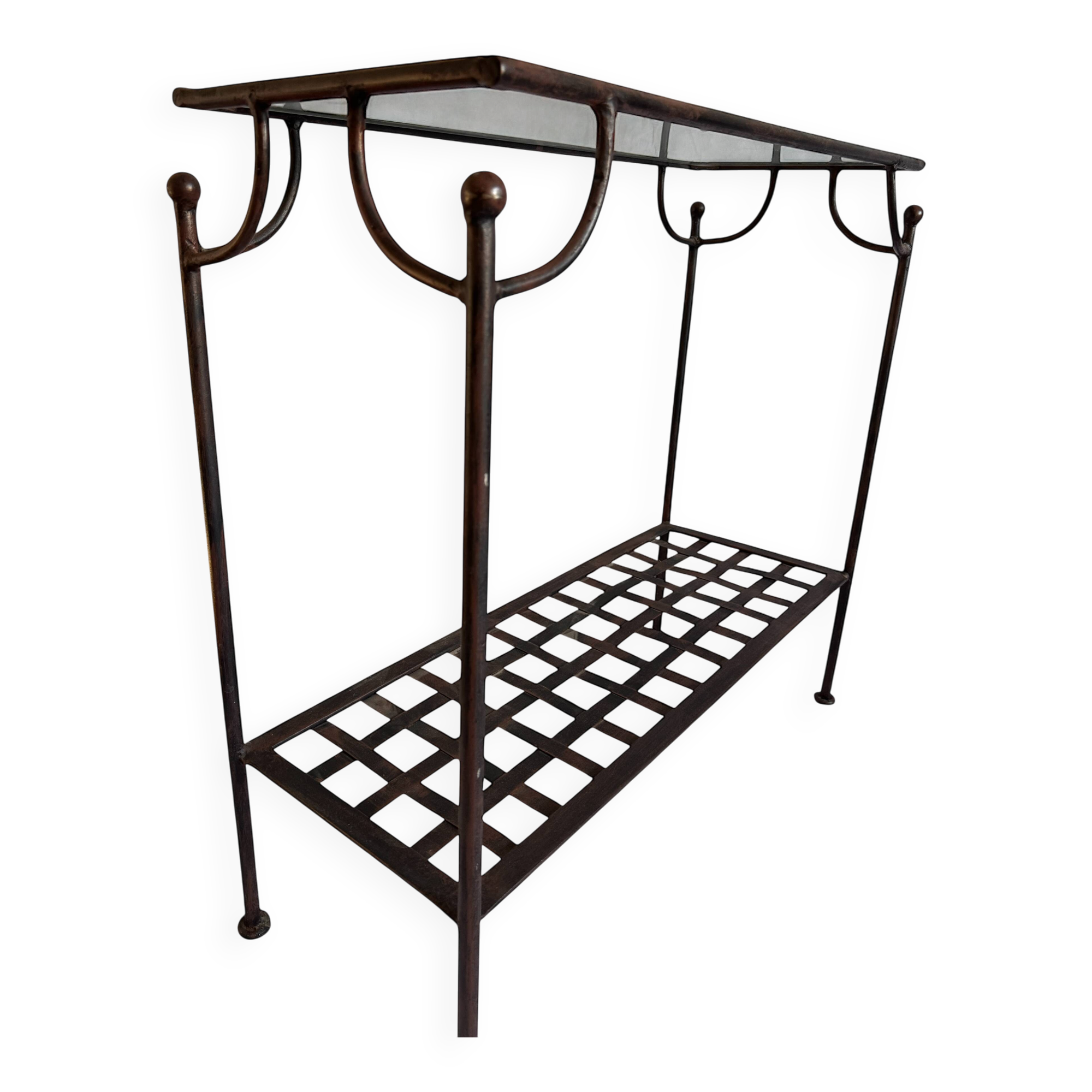 Console en fer forgé et verre, étagère treillis – vintage 70/80