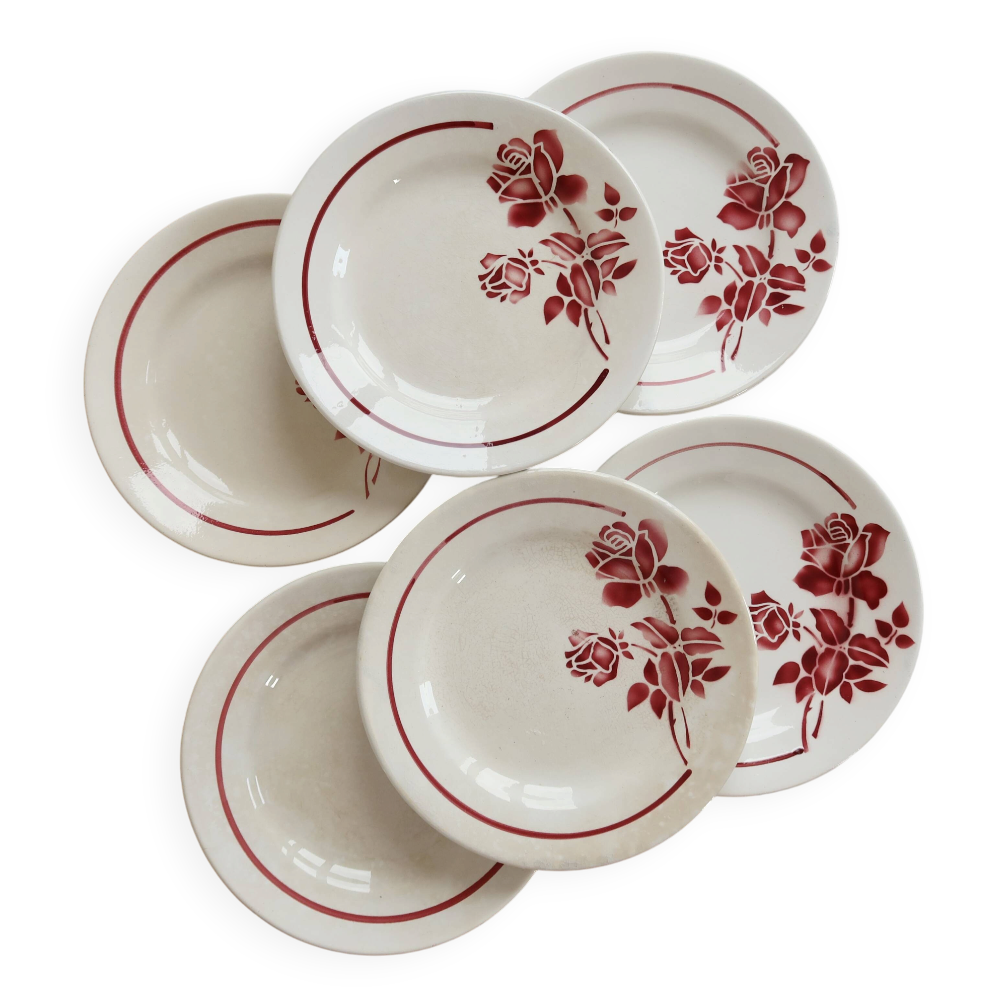 6 vintage dessert plates Moulin des Loups with burgundy floral decoration.