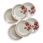 6 vintage dessert plates Moulin des Loups with burgundy floral decoration.