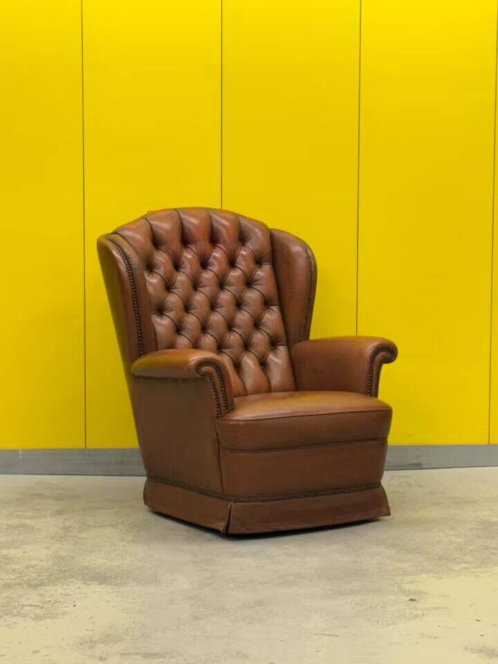 Original English Chesterfield Wingback Chair - Vintage Cognac Leather