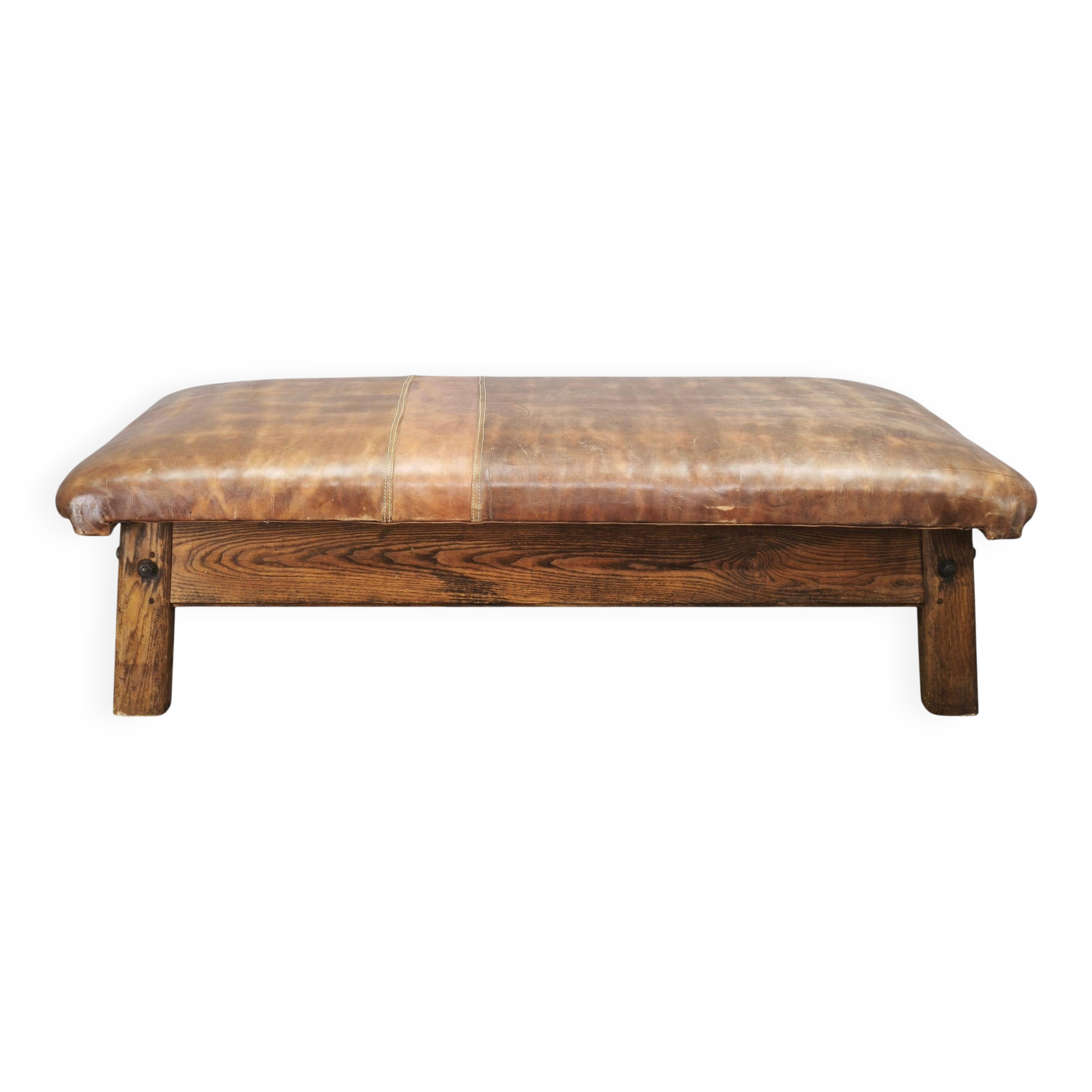 1940s Czechoslovak Oak and Patinated Leather Gym Bench