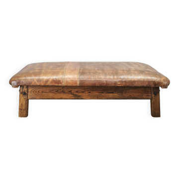 Banc de gym en chêne tchèque des années 1940 et cuir patiné