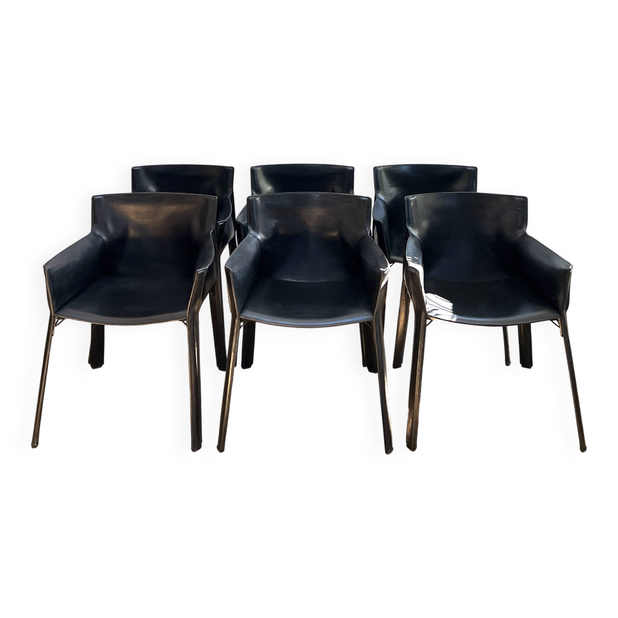 Set of 6 black leather armchairs from the 1970s