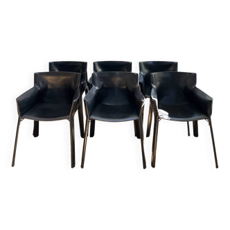 Série de 6 Fauteuils en cuir noir des années 70