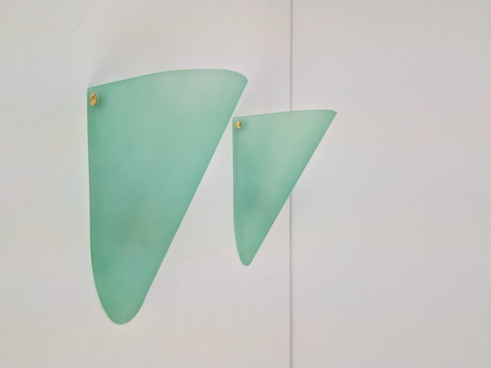 Vintage Triangular Conical Wall Sconces in Green Frosted Glass, 1990s, Set of 2