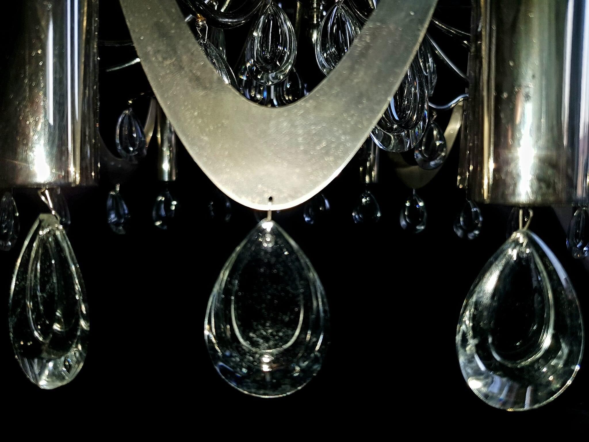 Magnificent rare large chandelier design chromed metal, stainless steel, tassels crystal pop age