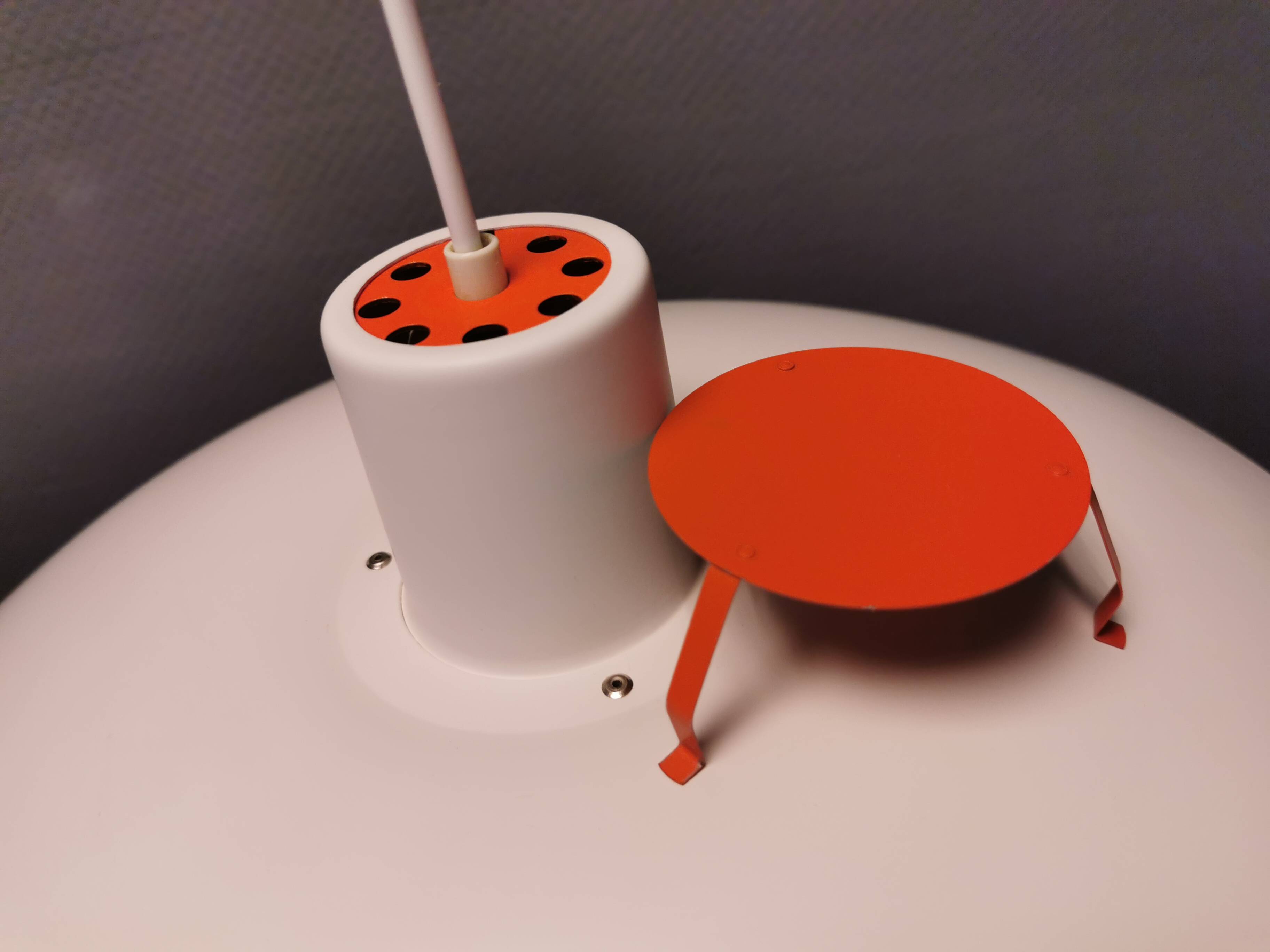 Beautiful older PH 4/3 hanging lamp, in white, with original orange suspension.