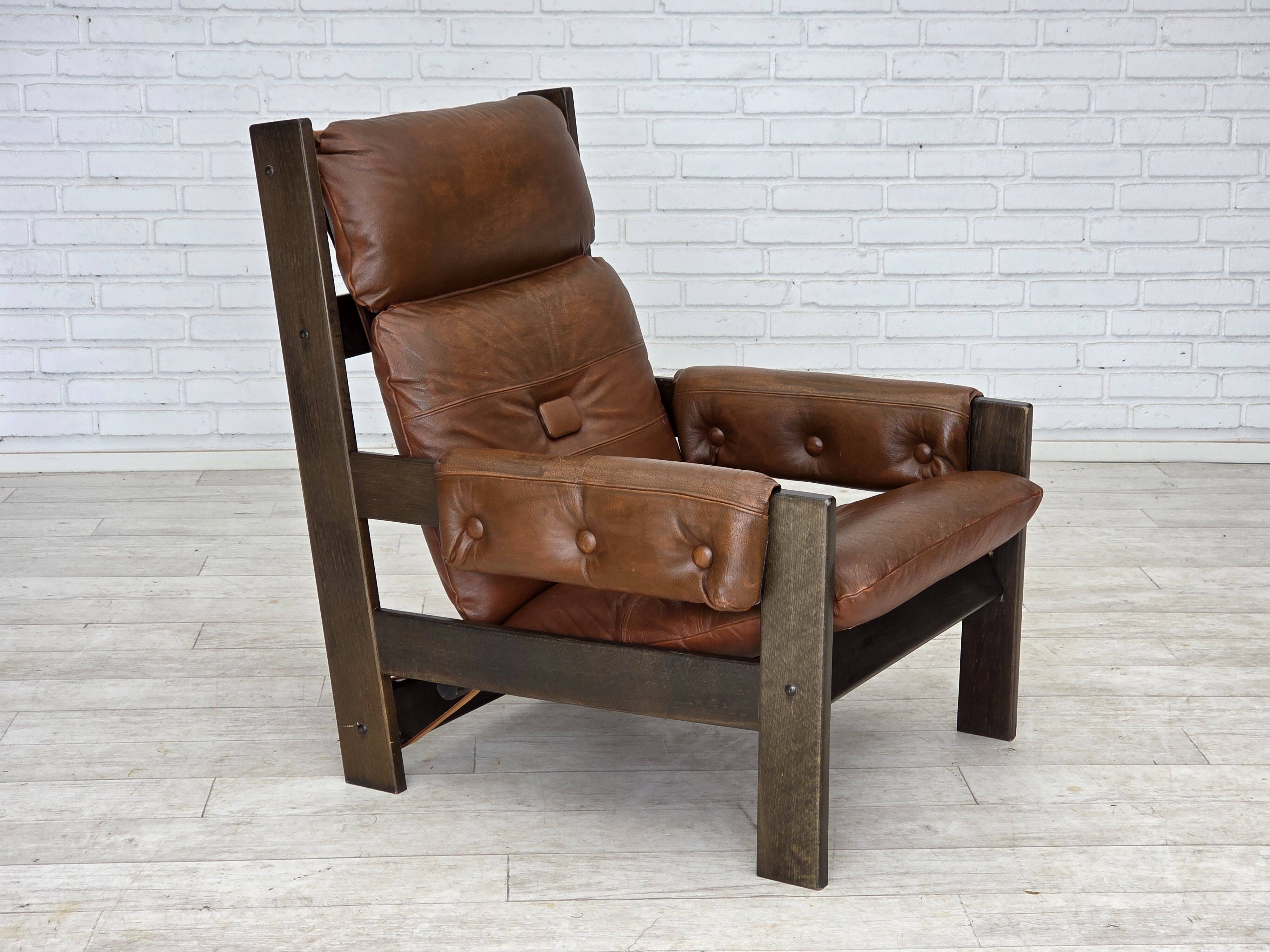 1970s, Scandinavian armchair, furniture leather, canvas, oak wood.