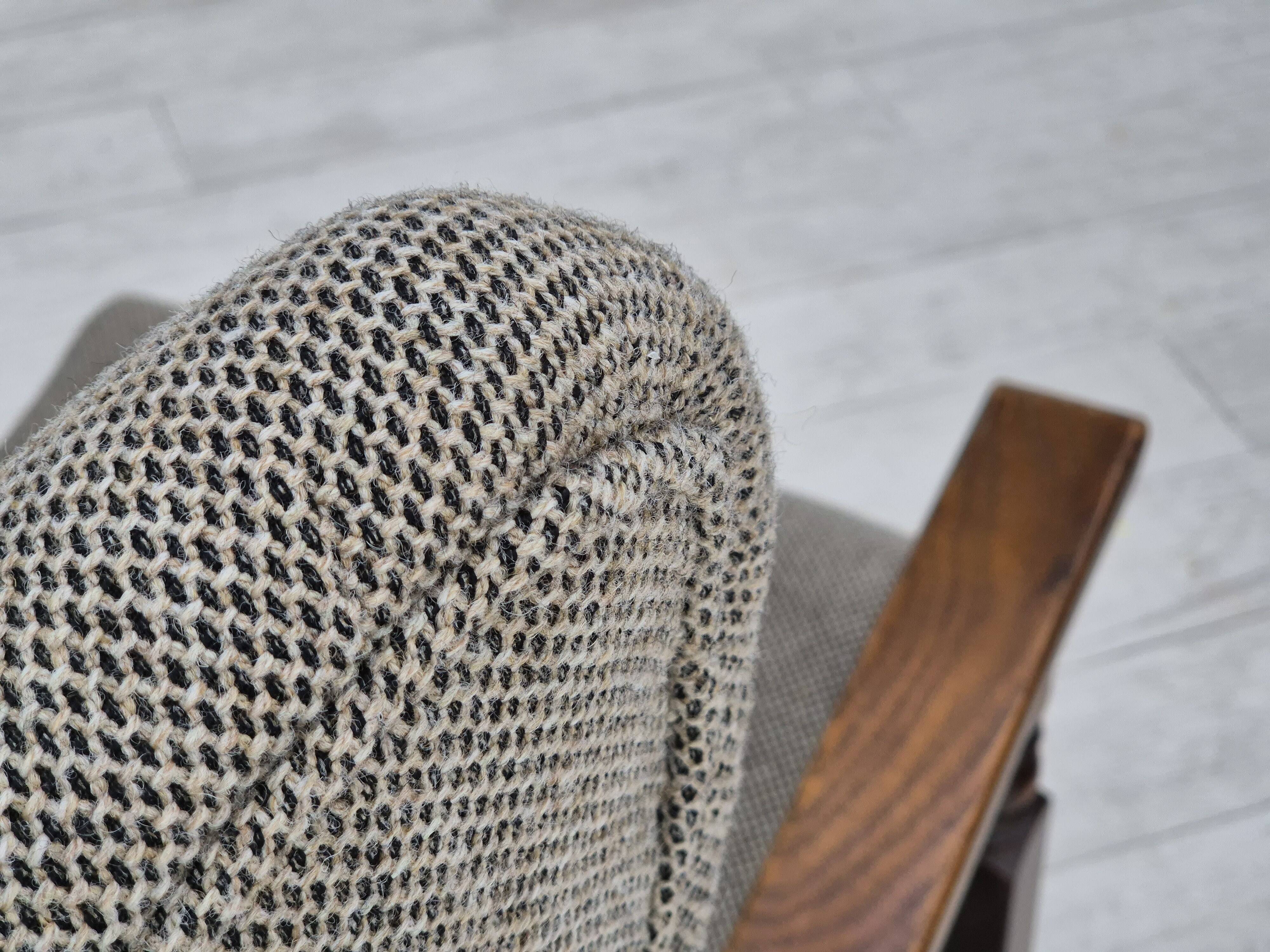 1960s, Scandinavian design, reupholstered high-back armchair, furniture wool, oak wood.