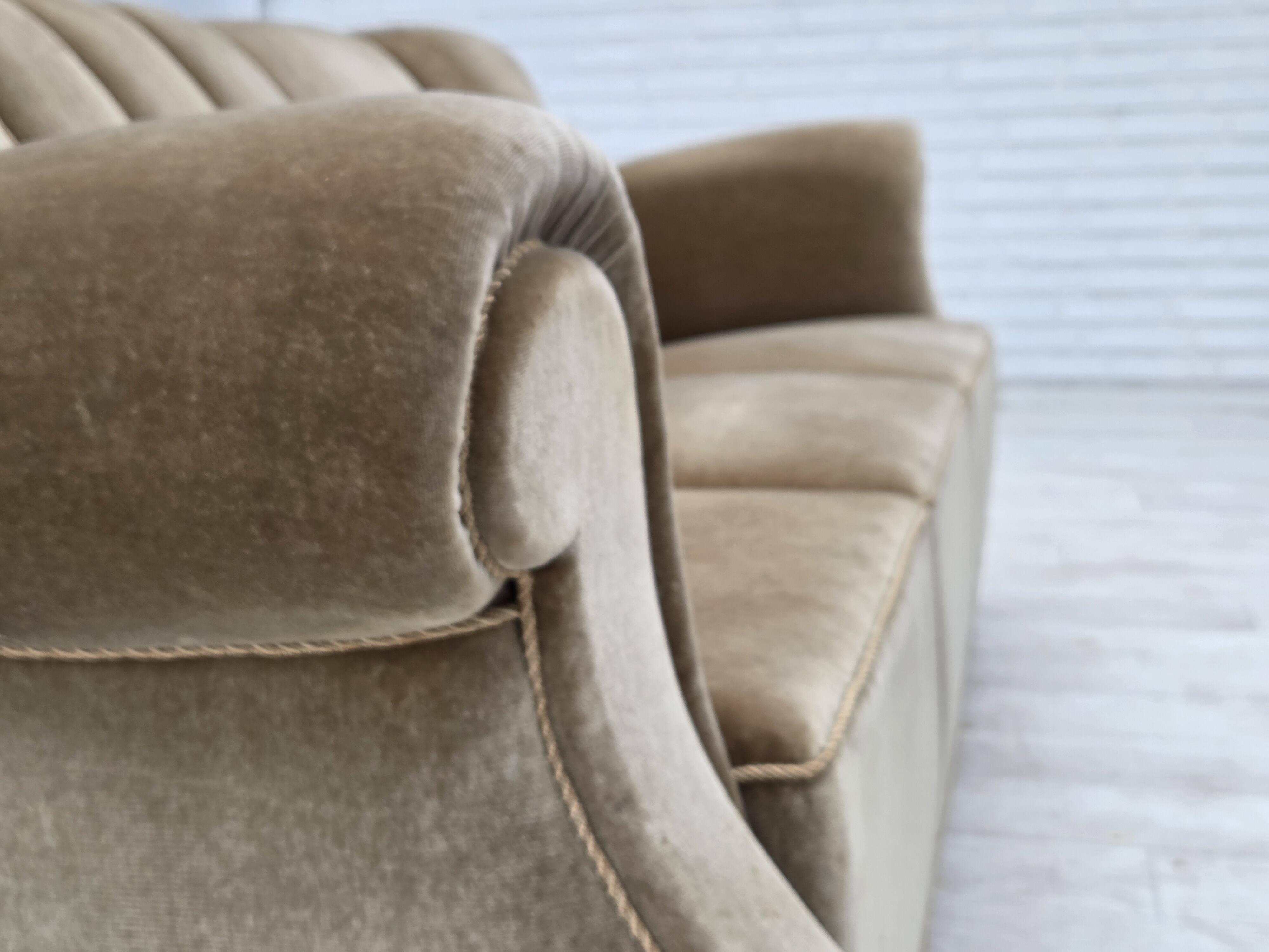 1960s, Danish 3-seater sofa, green furniture velour, oak wood legs.