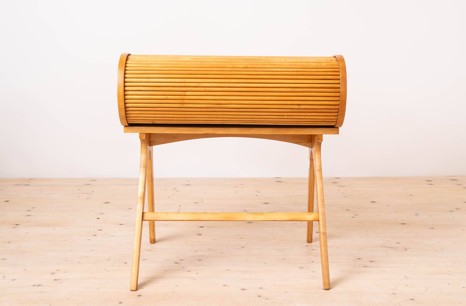 Mid Century Modern Desk with Roll-Top, Walnut Veneer, 1950s, Fully Restored