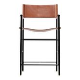 Tabouret de bar contemporain classique avec dossier en cuir marron naturel, gomme métallique noire
