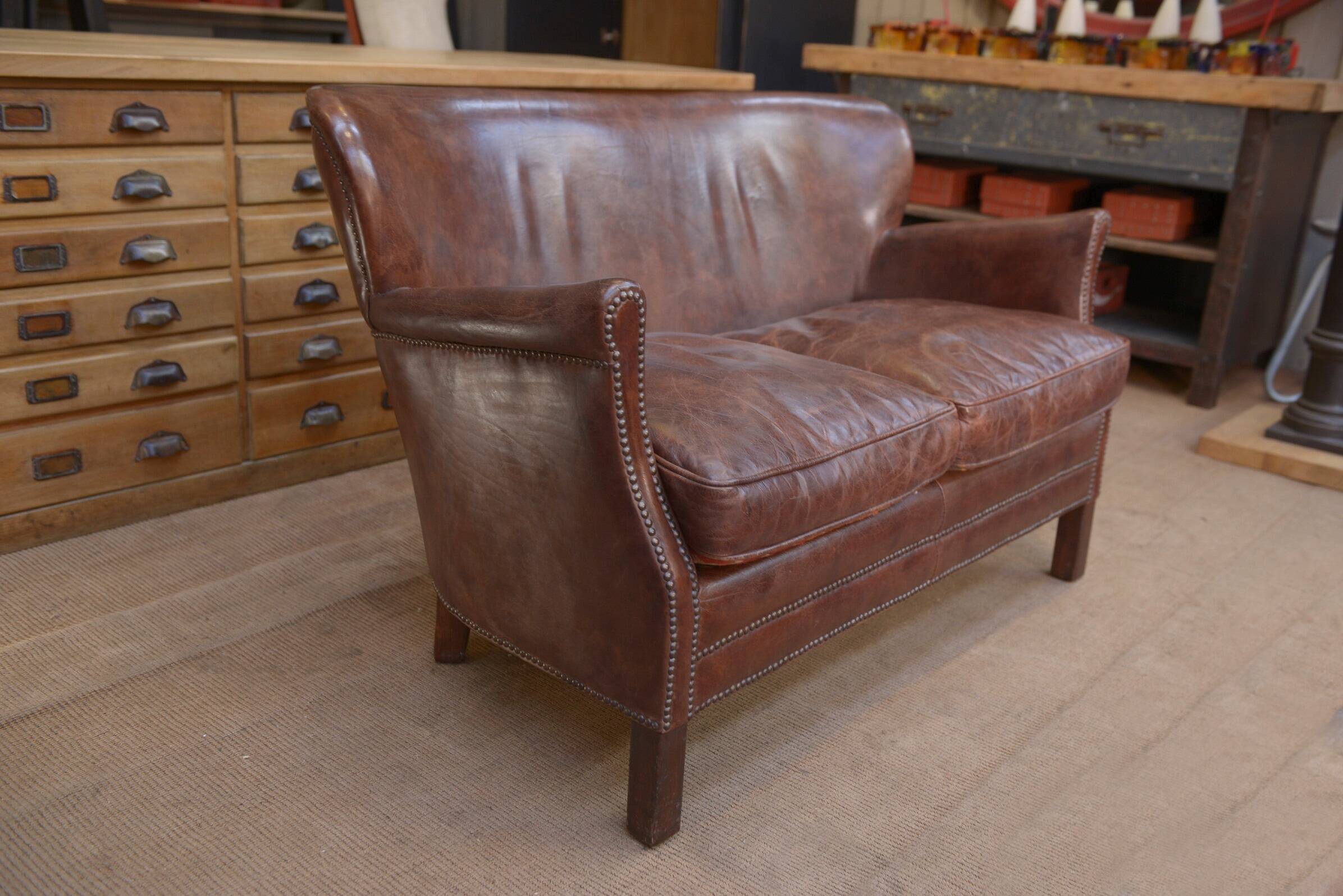Small Vintage Bench Sofa Studded Leather Sofa 1970s
