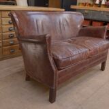 Small Vintage Bench Sofa Studded Leather Sofa 1970s