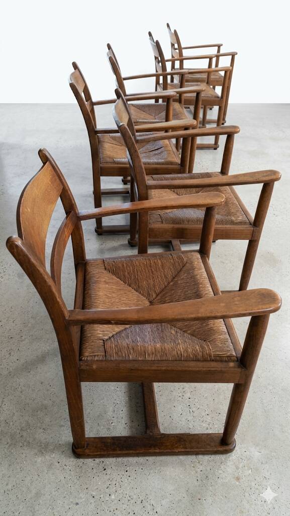 Serié de 6 fauteuils de salle á manger Brutalistes en chêne Mid-century