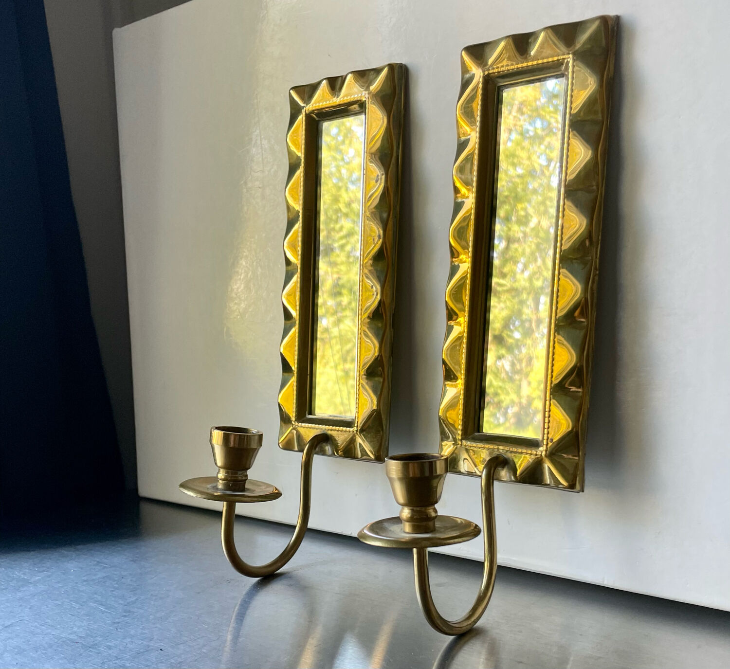 Pair of art deco vintage brass wall candle holders sconces